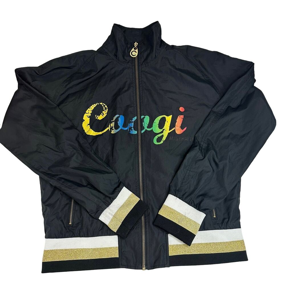 Coogi Zip Up Windbreaker Jacket Size Large Black Rainbow Logo Women’s